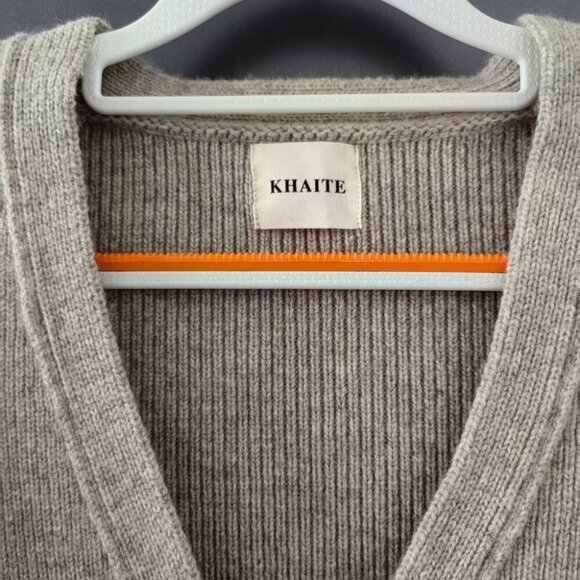 Khaite Beige Wool Cardigan Sweater V-Neck with Patch Pockets - Picture 4 of 9